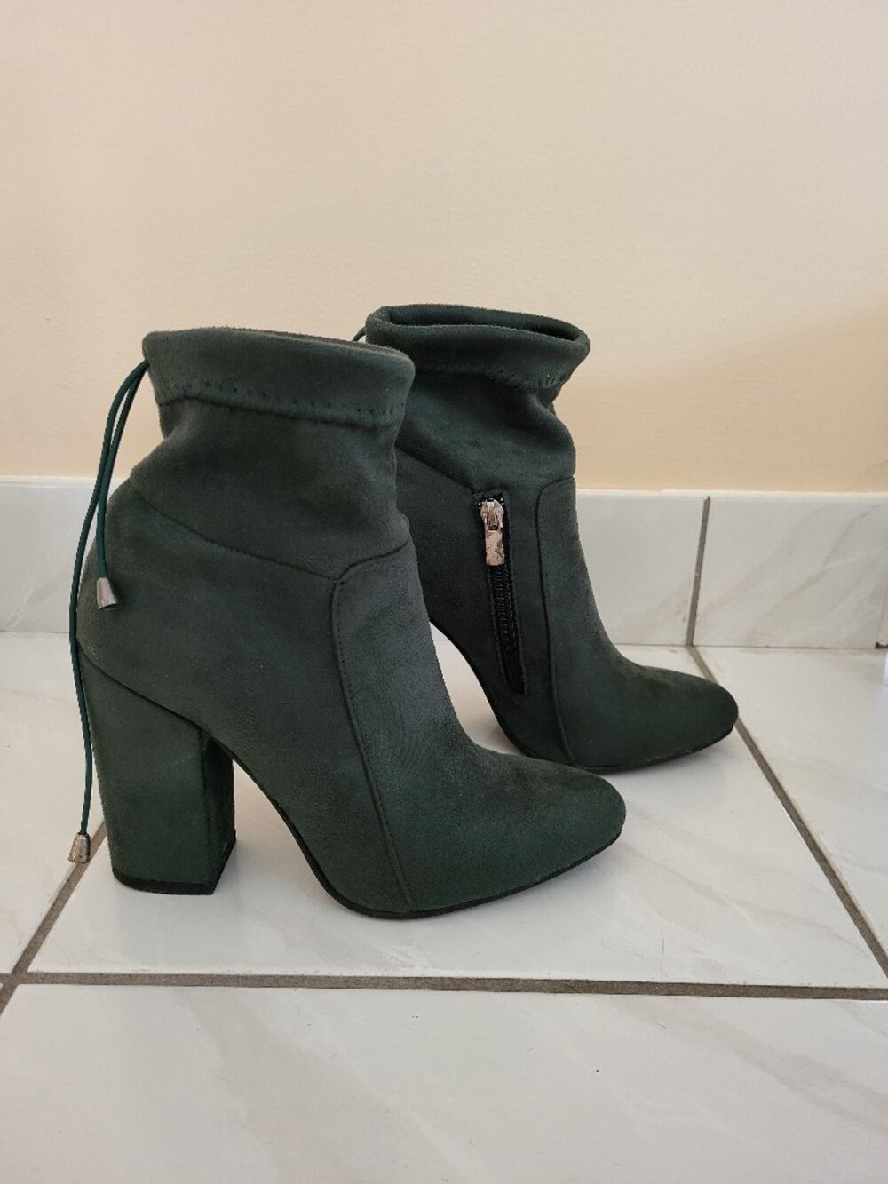 Dark Velvet Green Faux Suede Heeled Booties With Zipper
